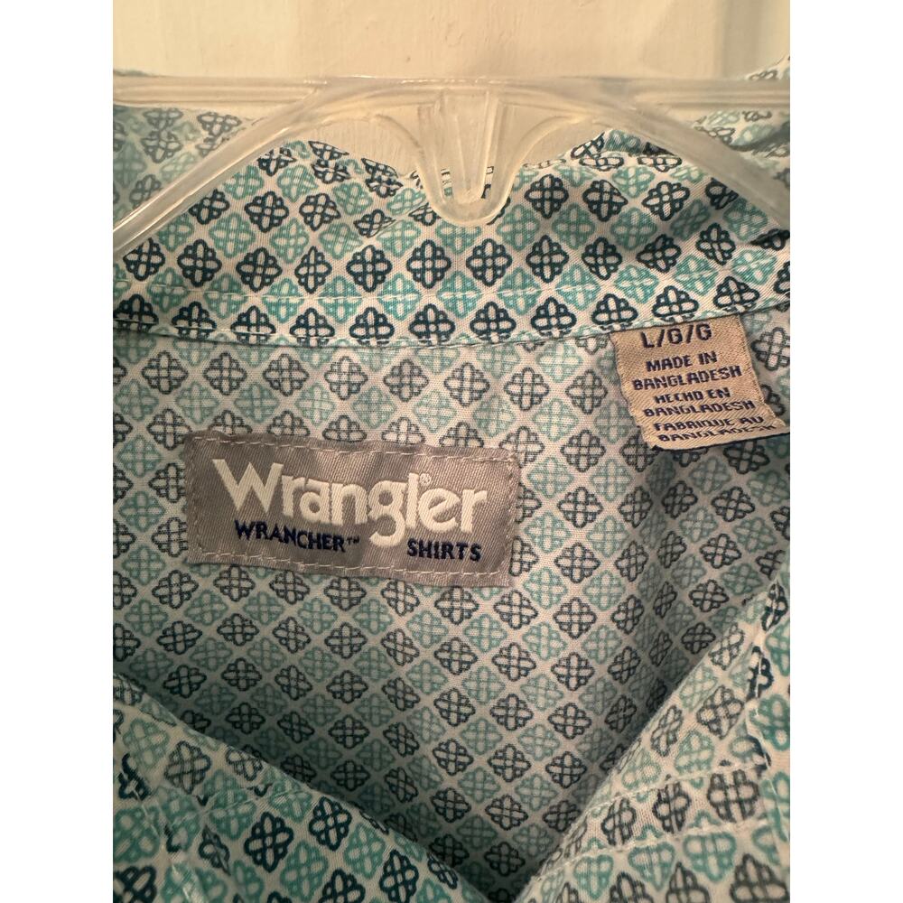 Wrangler Wrancher Men Shirt Size L Turquoise Navy Blue Pearl Snaps - Picture 3 of 8